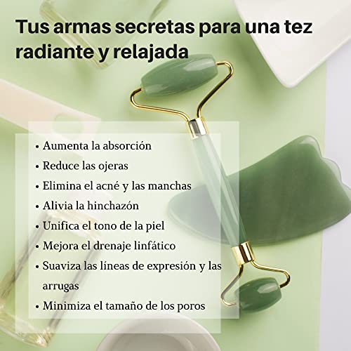 Rodillo de Jade Verde, Gua Sha y Pincel - Set de Masaje Facial en Piedra 100% Natural - Masajeador Anti Arrugas, Reducción de Ojeras, Desinflama, Intensifica Tratamientos de Belleza para el Rostro