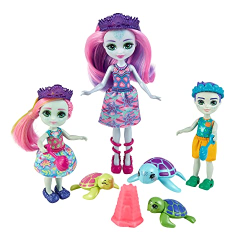 Royal Enchantimals Ocean Kingdom Tinsley Turtle y su familia Muñecas de juguete con mascotas tortugas, juego de plastilina y accesorios (Mattel HCF95)