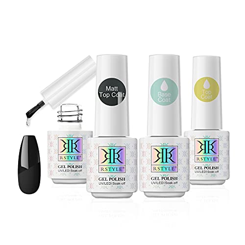 RSTYLE Base y Top Coat Semipermanente Mate Top Coat Semipermanente, 2 * Base Coat + 1 * Top Coat + 1 * Mate Top Coat No Wipe Esmalte Semipermanente Gel Nail Polish UV LED Capa Superior Set 5ML 4PCS