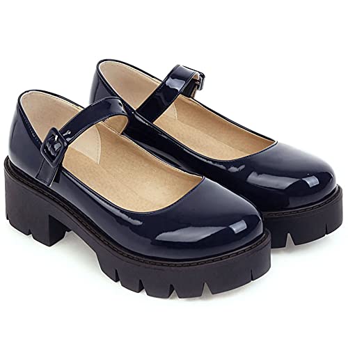 RUKOEVIM Mujer Plataforma Zapatos Mary Janes Heel Chunky Pumps Dress Zapatosr Hebilla Strap Escuela Zapatos Sewing Punta Redonda Lolita Zapatos Patent Blue Size 40