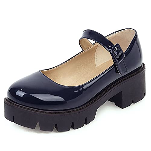 RUKOEVIM Mujer Plataforma Zapatos Mary Janes Heel Chunky Pumps Dress Zapatosr Hebilla Strap Escuela Zapatos Sewing Punta Redonda Lolita Zapatos Patent Blue Size 40