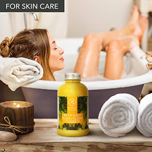 Sal De Baño con Aceite Esencial Ylang Ylang - 600g - Espuma de Baño - Baños de Burbujas - Cuidado del Cuerpo - Buen Sueño - Bienestar - Relajación - Aromaterapia - Aroma Ylang