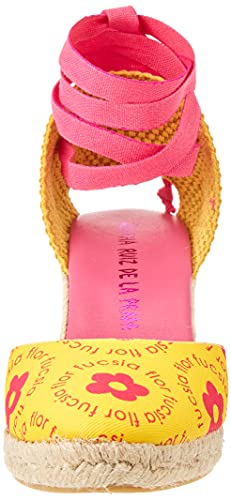 Sandalia Cuña Mujer Amarillo Flores Fucsia Talla 39 16,5 Cms