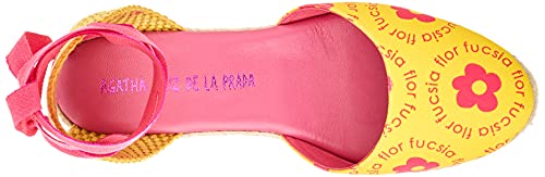 Sandalia Cuña Mujer Amarillo Flores Fucsia Talla 39 16,5 Cms