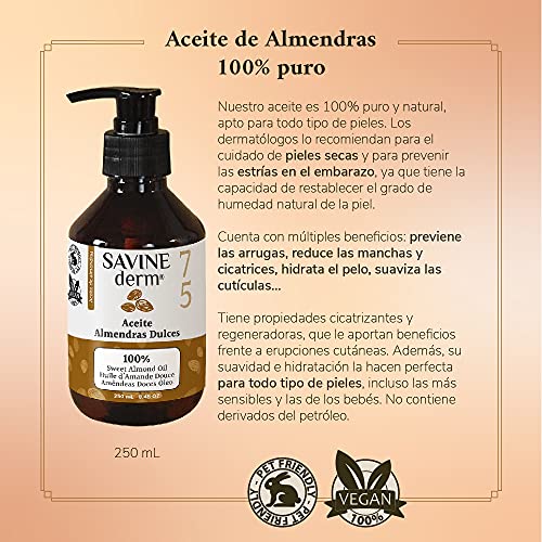 SAVINE DERM ACEITE DE ALMENDRAS DULCES PREMIUM Antiestrías para Embarazadas - 100% PURO y NATURAL/Previene las Estrías del Embarazo y Cicatrices/ Prensado Frío | Pieles secas y sensibles