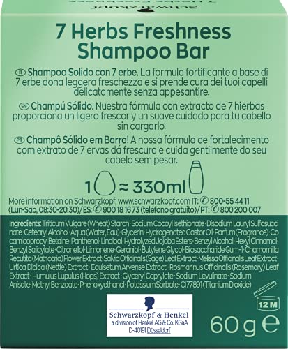 Schwarzkopf - Champú Sólido 7 Herb Freshness - 60g - Para cabello normal o graso - Proporciona un ligero frescor y un suave cuidado para tu cabello sin cargarlo