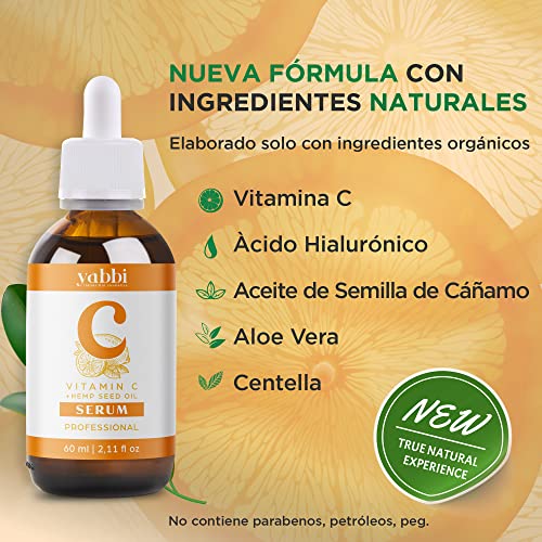 Serum Vitamina C Facial 60 ml Bio con Acido Hialuronico Puro Aceite de Semillas de Cáñamo Antiedad Antiarrugas y Antimanchas para Cara y Contorno de Ojos Ideal para Jade Roller o Dermaroller