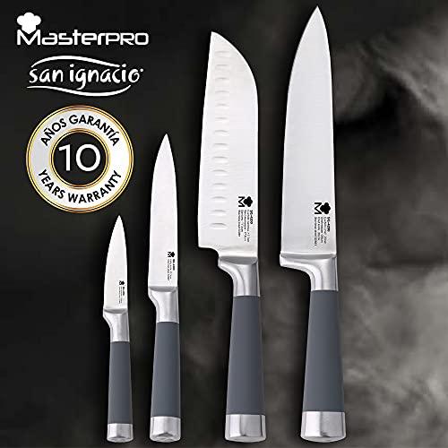 Set 4 cuchillos de cocina SAN IGNACIO Masterpro, acero inoxidable, con tabla de cortar en madera de acacia 33x23x1,5 cm Casa Benetton