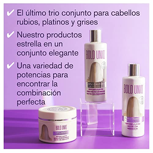 Set de Champú Violeta, Acondicionador y Mascarilla - Elimina Tonos Amarillos, Aclara Rubio, Platino, Ceniza y Gris - Para Cabello Seco - Sin Parabenos ni Sulfatos - Aprobado por PETA, Vegano