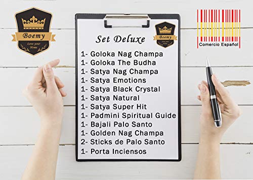 Set de Inciensos Deluxe | Satya , Goloka, Bajali, Golden Nag , Padmini | Incienso en Varillas Top Ventas y Premium | 10 Cajas + 2 Palo Santo + Porta Inciensos