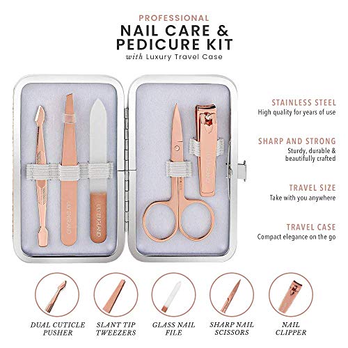 Set de Manicura y Pedicura Profesional. 5 Piezas para el Cuidado de las Uñas con Una Funda de Viaje de Lujo - para Mujeres y Chicas (Oro Rosa), Lily England