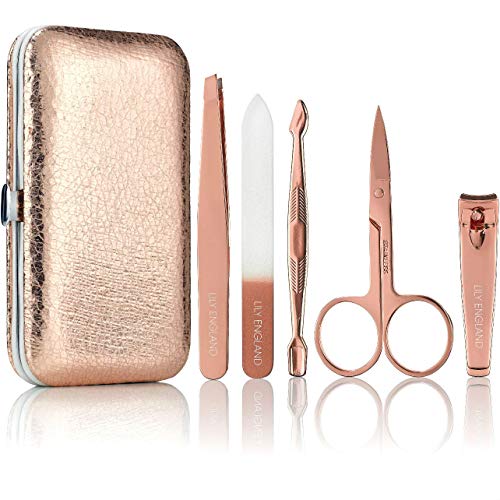 Set de Manicura y Pedicura Profesional. 5 Piezas para el Cuidado de las Uñas con Una Funda de Viaje de Lujo - para Mujeres y Chicas (Oro Rosa), Lily England