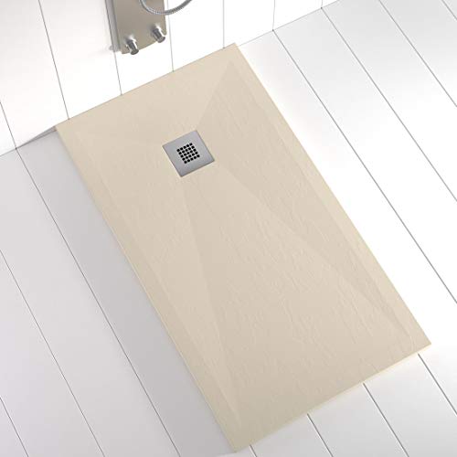 Shower Online Plato de ducha Resina PLES - 70x80 - Textura Pizarra - Antideslizante - Todas las medidas disponibles - Incluye Rejilla Inox y Sifón - Crema RAL 1015