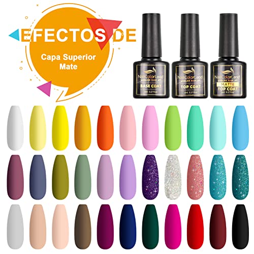 SHOWNAIL Esmalte Semipermanente, 36 Pcs 8ML Pintauñas Semipermanentes Remojo con Base, Top Coat Brillante y Mate, 33 Colores de Set Esmalte de Uñas Semipermanentes con Negro, Blanco, Azul, Pastel