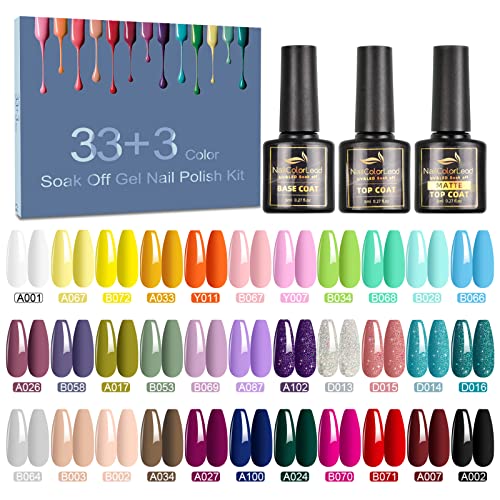 SHOWNAIL Esmalte Semipermanente, 36 Pcs 8ML Pintauñas Semipermanentes Remojo con Base, Top Coat Brillante y Mate, 33 Colores de Set Esmalte de Uñas Semipermanentes con Negro, Blanco, Azul, Pastel