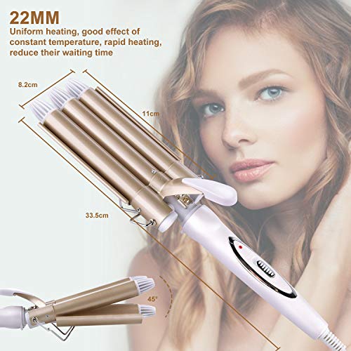 ShuBel Rizador de Pelo, Profesional Ondulador de Pelo Cerámica 3 Tubos con 22 mm Plancha Ondas Al Agua, Rizador Pelo para Ondas Pelo Cabello Largo Corto Como Regalo para Mujeres - Dorado