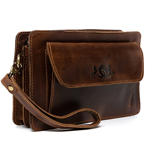 SID & VAIN® Bolso de muñeca Cornwall Bolso Bolso para Hombres Piel marrón