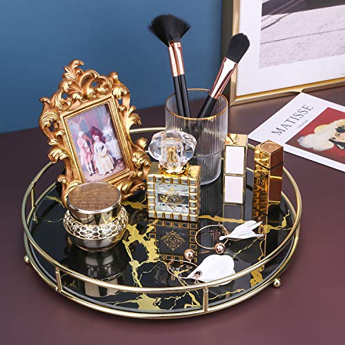 Simmer Stone Bandeja organizadora de maquillaje, bandeja decorativa de vidrio para perfumes, joyas y decoración, almacenamiento redondo de cosméticos para aparador, baño y más, mármol negro dorado