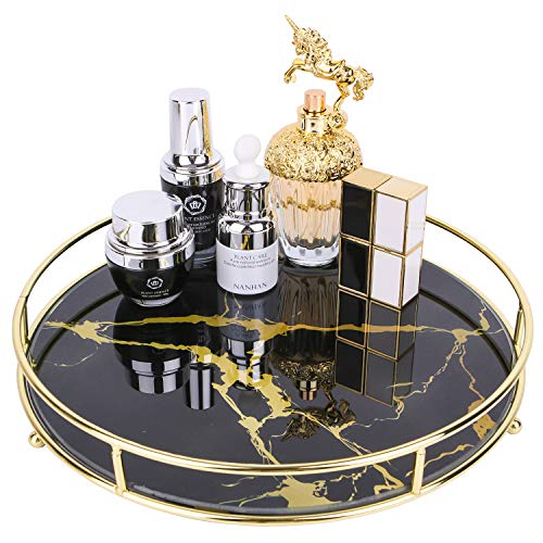 Simmer Stone Bandeja organizadora de maquillaje, bandeja decorativa de vidrio para perfumes, joyas y decoración, almacenamiento redondo de cosméticos para aparador, baño y más, mármol negro dorado