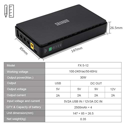 Sistema de Alimentación Ininterrumpida Mini UPS para WiFi, Router, Módem, Cámara de Vigilancia con 10000mAH Batería Entrada DC/USB Salida 5V USB 5V 9V 12V 2A DC