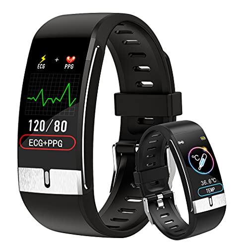 Smartwatch con ECG Hombre, 1,06" Impermeable Reloj Inteligente Medidor de Temperatura Corporal/Frecuencia Cardíaca/Presión arterial/Contador Calorías/ Podómetro para Mujer para iOS Android , Negro