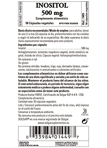 Solgar Inositol 500 Mg Cápsulas Vegetales, Envase de 50