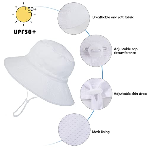 Sombrero de Sol para Bebé Niña Ajustable Gorro Verano de Pescador para Niños ala Ancha Sombrero Bob Protección Solar UPF 50 para Exteriores Natación Playa Piscina (Blanco)