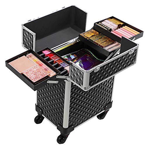 SONGMICS Maleta para Maquillaje Profesional, Maletín para Maquillaje, con 4 Ruedas del Tipo Multidireccional, con 4 Bandejas, para Viaje Trabajo, Negro JHZ013B01