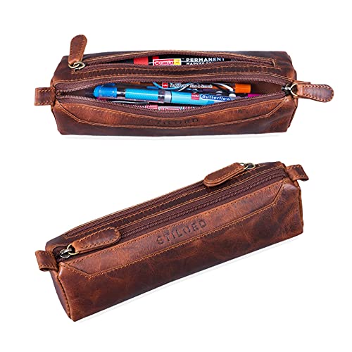 STILORD 'Jim' Estuche o Bolsa para lápices y bolígrafos de Cuero Portatodo Escolar Redondo para Hombres y Mujeres Cartuchera de Piel auténtica, Color:Kara - Cognac