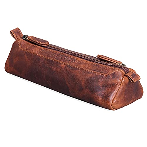 STILORD 'Jim' Estuche o Bolsa para lápices y bolígrafos de Cuero Portatodo Escolar Redondo para Hombres y Mujeres Cartuchera de Piel auténtica, Color:Kara - Cognac