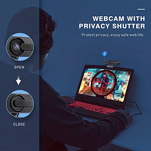 Streaming Webcam1080P Full HD con tapa de privacidad, cámara web autofocus, doble micrófono estéreo para Zoom, Skype, chat de vídeo, conferencia, compatible con PC, Mac, Windows