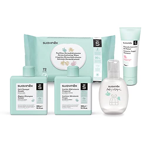 SUAVINEX Bolso de Cosmética Suavinex Gel-Champú Syndet 300Ml + Loción Hidratante 300ML + Pomada Intensiva de Pañal 75Ml + Nueva Baby Cologne 100Ml + Toallitas Dermohidratantes 72Ud, 5 Productos, Verde