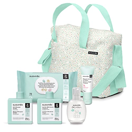 SUAVINEX Bolso de Cosmética Suavinex Gel-Champú Syndet 300Ml + Loción Hidratante 300ML + Pomada Intensiva de Pañal 75Ml + Nueva Baby Cologne 100Ml + Toallitas Dermohidratantes 72Ud, 5 Productos, Verde