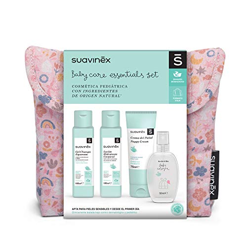 SUAVINEX Neceser Tela de Viaje para Bebés con Baby Cologne, Loción Hidratante, Crema Pañal y Gel-Champú Espumoso, Formato Viaje, Rosa, 4 Productos