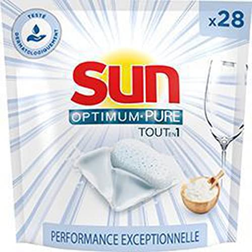 Sun Cápsulas para lavavajillas Optimum Pure todo en 1 0% x 28, 0% colorantes, fosfatos y perfumes, vajilla brillante e impregnable, ingredientes naturales, limpieza y brillo, 28 pastillas