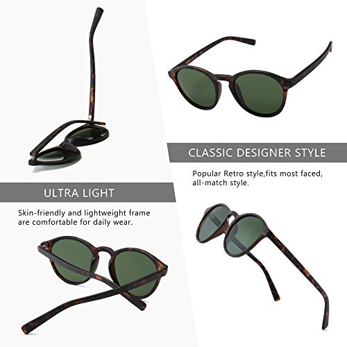 SUNGAIT Gafas de Sol Redondas Clásicas Unisex Gafas de Sol Polarizadas Estilo Retro Vintage Protección UV(Ámbar/Verde)-SGT166