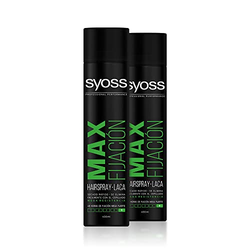 Syoss - Laca Max Fijación, 2 uds de 400ml (800ml), 48h de fijación Mega Fuerte, Ayuda a proteger el pelo de la humedad y de los rayos solares, Cabello como recién salido de la peluquería