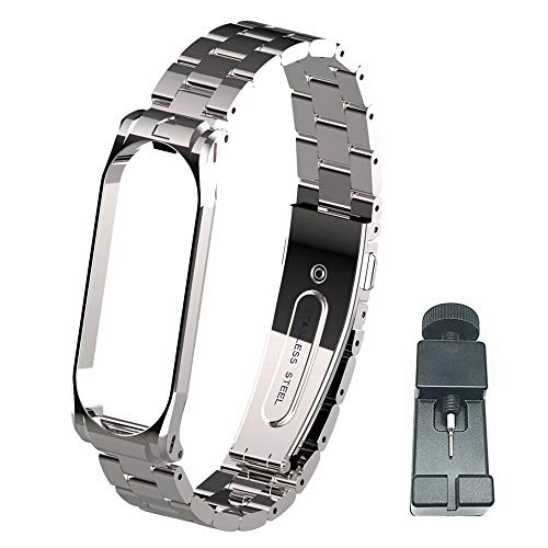 T-BLUER Xiaomi Mi Band 4/Mi Band 3 Correa,Metal de Acero Inoxidable Pulsera de Repuesto Correa de Recambio Brazalete para Xiaomi Mi Band4/Mi Band3,Plata