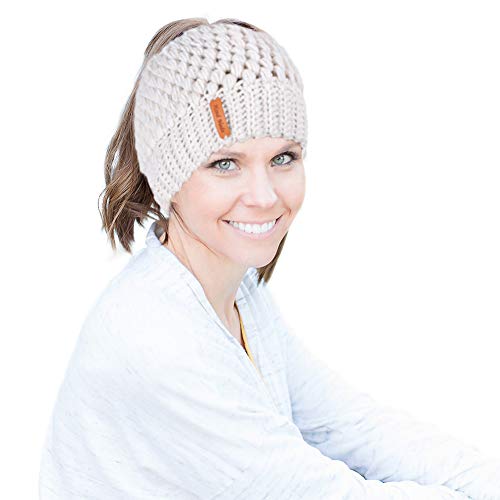 Tacobear Mujer Gorros de Punto con Coleta Beanie Sombrero Invierno Suave Cálido Elástico Ponytail Beanie Hat para Mujer (Beige)