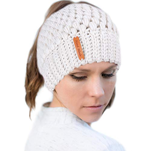 Tacobear Mujer Gorros de Punto con Coleta Beanie Sombrero Invierno Suave Cálido Elástico Ponytail Beanie Hat para Mujer (Beige)