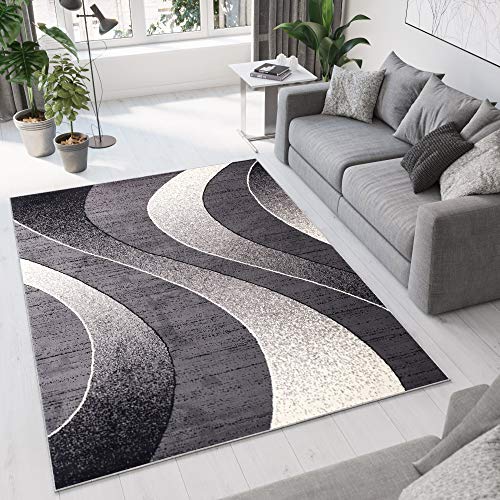 TAPISO Dream Alfombra Salón Comedor Dormitorio Moderno Gris Oscuro Blanco Negro Ondas Fina Pelo Corto 180 x 250 cm