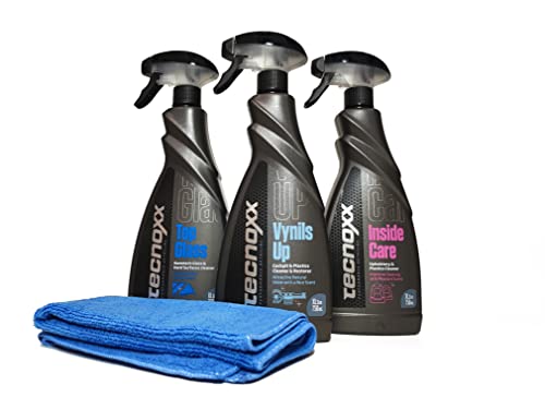 Tecnoxx – Kit In Premium 3 Productos Pro para Limpieza y Mantenimiento Interior de Coches Envases XL 750 mL Incluye hidratador salpicaderos detergente tapicerías Limpiador Pantallas y Cristales