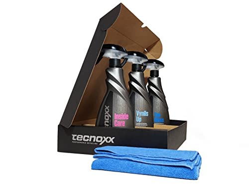 Tecnoxx – Kit In Premium 3 Productos Pro para Limpieza y Mantenimiento Interior de Coches Envases XL 750 mL Incluye hidratador salpicaderos detergente tapicerías Limpiador Pantallas y Cristales