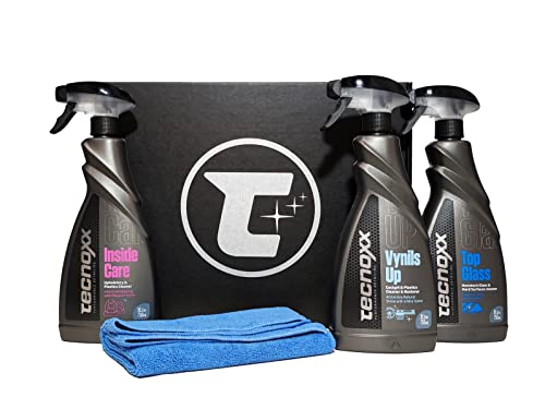 Tecnoxx – Kit In Premium 3 Productos Pro para Limpieza y Mantenimiento Interior de Coches Envases XL 750 mL Incluye hidratador salpicaderos detergente tapicerías Limpiador Pantallas y Cristales