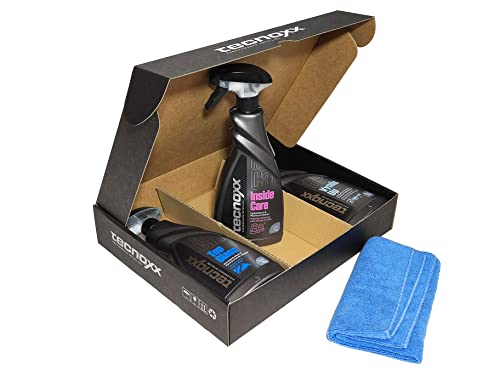 Tecnoxx – Kit In Premium 3 Productos Pro para Limpieza y Mantenimiento Interior de Coches Envases XL 750 mL Incluye hidratador salpicaderos detergente tapicerías Limpiador Pantallas y Cristales