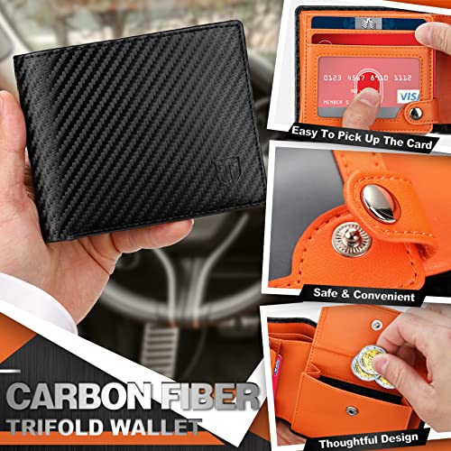 TEEHON Cartera Hombre, Billetera Hombre de Cuero de Fibra de Carbono con RIFD Bloqueo, 9 Ranuras para Tarjetas, 2 Ranuras para Billetes, 1 Bolsillo para Monedas, Regalo para Hombres - Naranja Negro