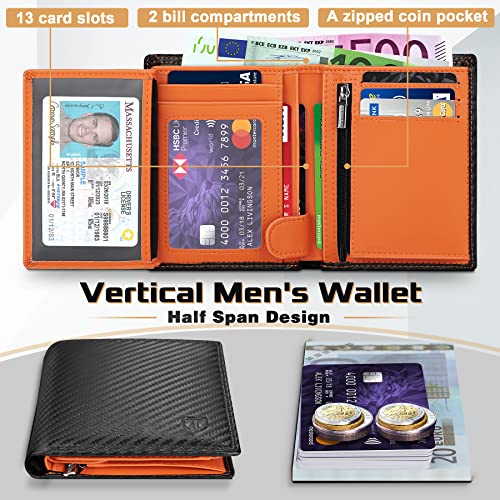 TEEHON Cartera Hombre, Cartera Vertical Cuero de Fibra de Carbono, con RIFD Protección, 13 Ranuras para Tarjetas, con Cremallera, Regalo para Hombre de Navidad, Cumpleaños etc..(Negro y Naranja)