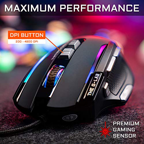 THE G-LAB Mouse Gaming con Cable de Alto Rendimiento, Sensor Óptico 4800 dpi, RGB, 9 Botones Programables, Traligero, para MOBA/Fps-Compatible con Pc/Ps4/Xbox One, Negro