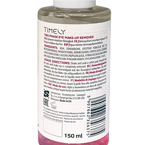 Timely - Desmaquillante de ojos bifásico para maquillaje waterproof, 150 ml