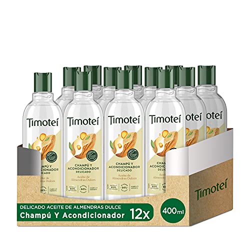 Timotei Champú Y Acondicionador Delicado Para Todo Tipo De Cabello Con Aceite De Almendras Dulces Con Limpiadores De Origen Vegetal, 94% Ingredientes De Origen Natural 400 ml - Pack de 12